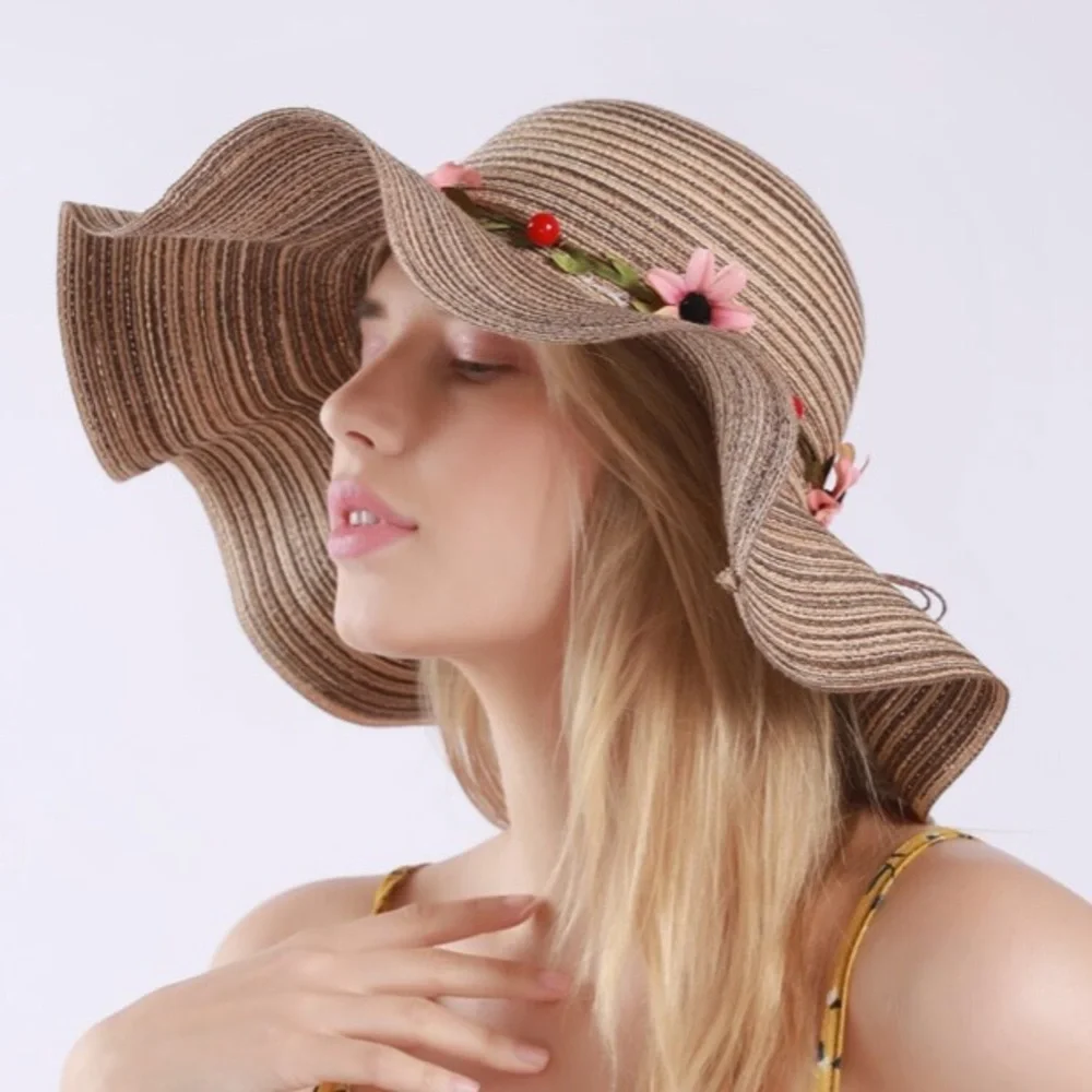 Khaki Boho Flower Pink Decor Floppy Sun Hat